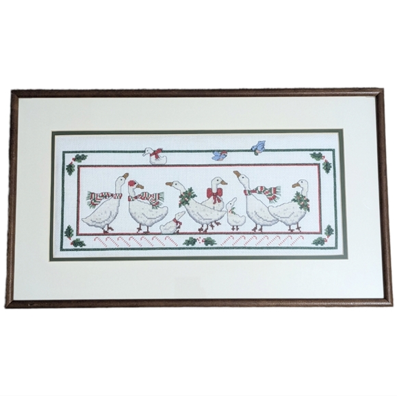 Vintage Cross Stitch Framed 8 Geese Gathering Christmas Holiday Blue Bird Holly - Picture 2 of 11